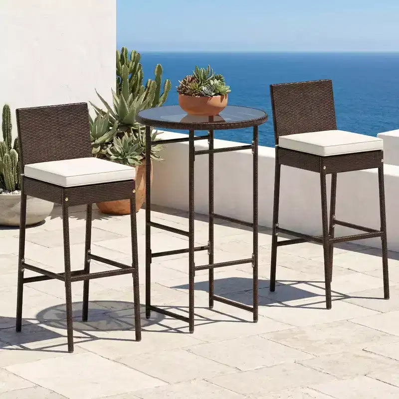 Gymax Bar Stools and Ensemble 3-Piece Outdoor Bar Set w/ 2 Cushioned Seats Patio Metal Chairs Bar Height Table with Glass Tabletop