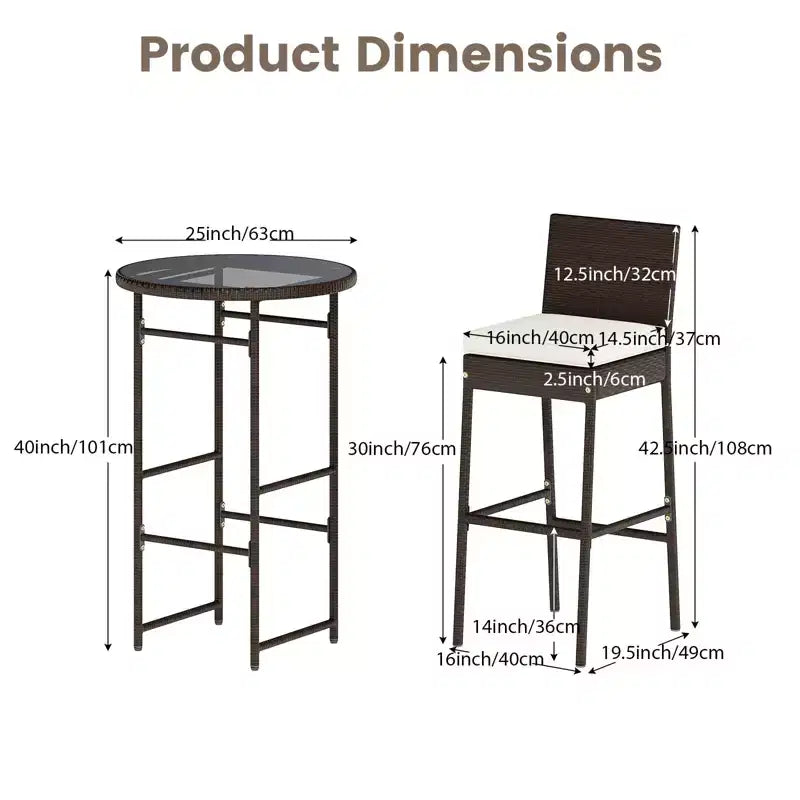 Gymax Bar Stools and Ensemble 3-Piece Outdoor Bar Set w/ 2 Cushioned Seats Patio Metal Chairs Bar Height Table with Glass Tabletop