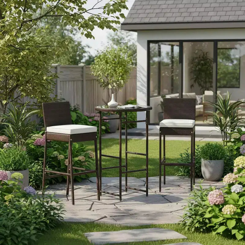 Gymax Bar Stools and Ensemble 3-Piece Outdoor Bar Set w/ 2 Cushioned Seats Patio Metal Chairs Bar Height Table with Glass Tabletop