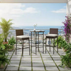 Gymax Bar Stools and Ensemble 3-Piece Outdoor Bar Set w/ 2 Cushioned Seats Patio Metal Chairs Bar Height Table with Glass Tabletop