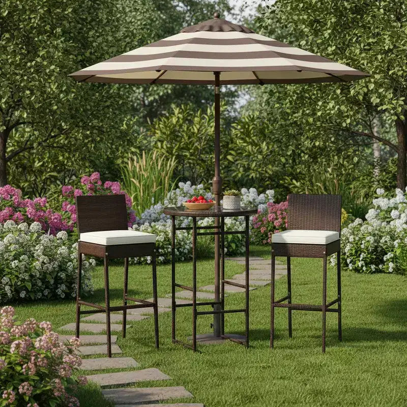 Gymax Bar Stools and Ensemble 3-Piece Outdoor Bar Set w/ 2 Cushioned Seats Patio Metal Chairs Bar Height Table with Glass Tabletop