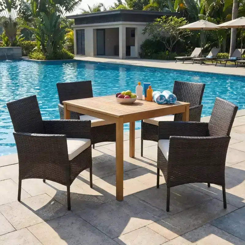 Gymax 5PCS Outdoor Patio Dining Set w/ Acacia Wood Table Cushioned Chairs 1.9 Umbrella Hole for Backyard Garden