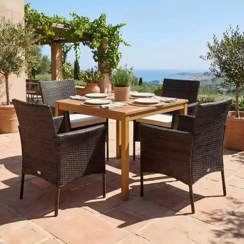 Gymax 5PCS Outdoor Patio Dining Set w/ Acacia Wood Table Cushioned Chairs 1.9 Umbrella Hole for Backyard Garden