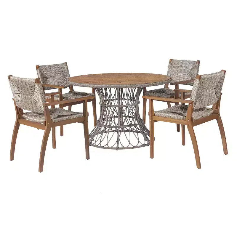 5-Piece Outdoor Patio Dining Set with Round Acacia Wood Table & 4 Woven Armchairs, Modern Garden Dining Furniture for Backyard, Deck-Panipeachy