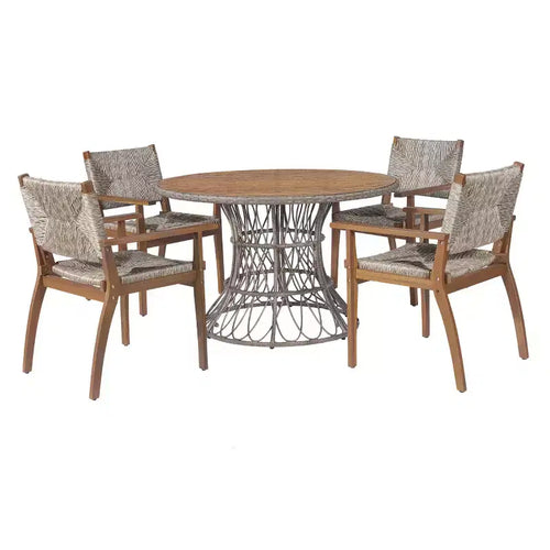 5-delige eetset voor terras en buiten met ronde tafel van acaciahout en 4 geweven armstoelen, modern tuinmeubilair voor achtertuin en terras, Deck-Panipeachy