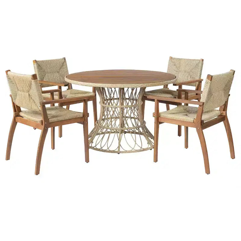 5-Piece Outdoor Patio Dining Set with Round Acacia Wood Table & 4 Woven Armchairs, Modern Garden Dining Furniture for Backyard, Deck-Panipeachy