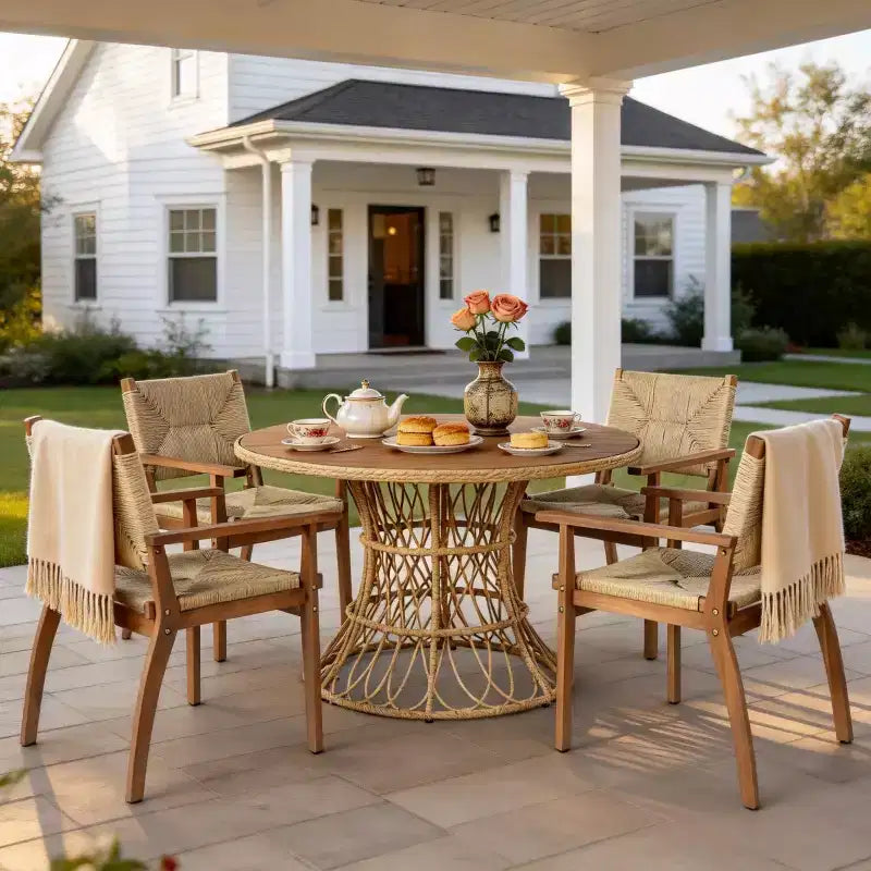 5-teiliges Esszimmer-Set für den Außenbereich mit rundem Akazienholztisch und 4 geflochtenen Armlehnstühlen, moderne Gartenmöbel für Hinterhof und Terrasse-Panipeachy