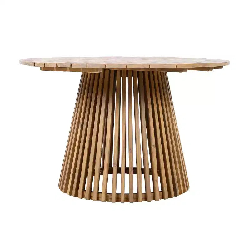 Round Pedestal Outdoor Dining Set, 5-Piece Acacia Wood Table with Slatted Top and 4 Woven Back Chairs with Cushions for Patio-Panipeachy