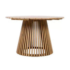 Round Pedestal Outdoor Dining Set, 5-Piece Acacia Wood Table with Slatted Top and 4 Woven Back Chairs with Cushions for Patio-Panipeachy