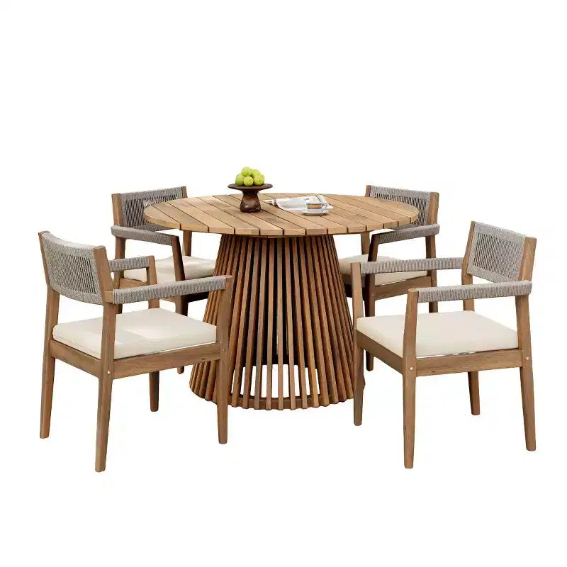Round Pedestal Outdoor Dining Set, 5-Piece Acacia Wood Table with Slatted Top and 4 Woven Back Chairs with Cushions for Patio-Panipeachy