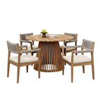 Round Pedestal Outdoor Dining Set, 5-Piece Acacia Wood Table with Slatted Top and 4 Woven Back Chairs with Cushions for Patio-Panipeachy