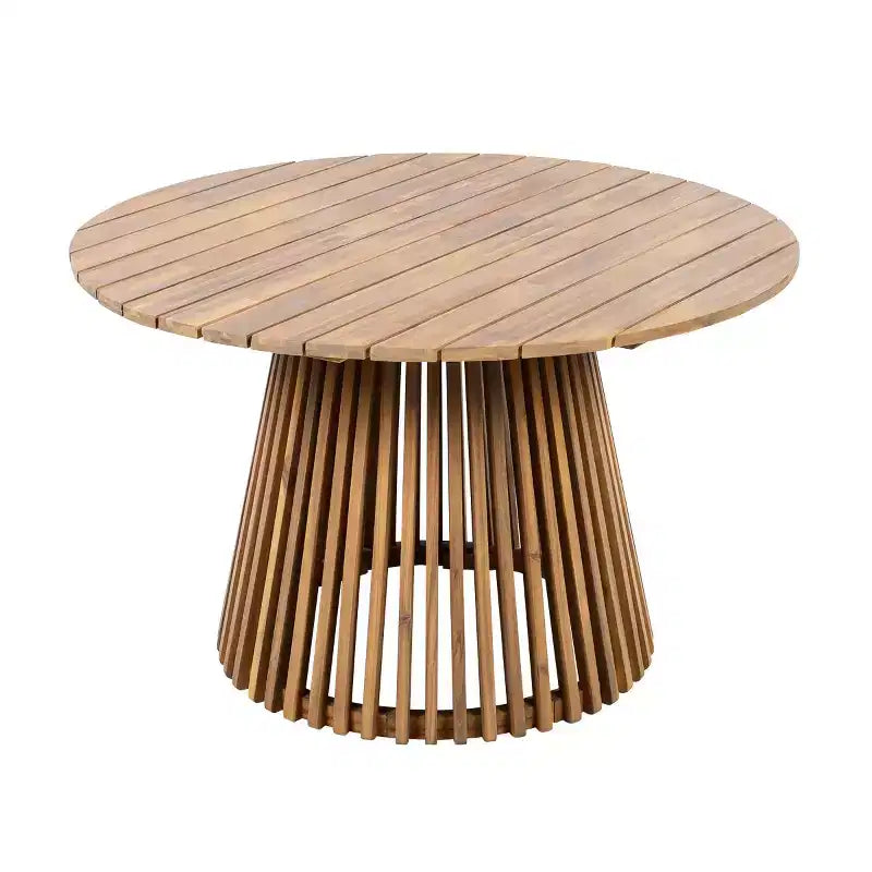 Round Pedestal Outdoor Dining Set, 5-Piece Acacia Wood Table with Slatted Top and 4 Woven Back Chairs with Cushions for Patio-Panipeachy