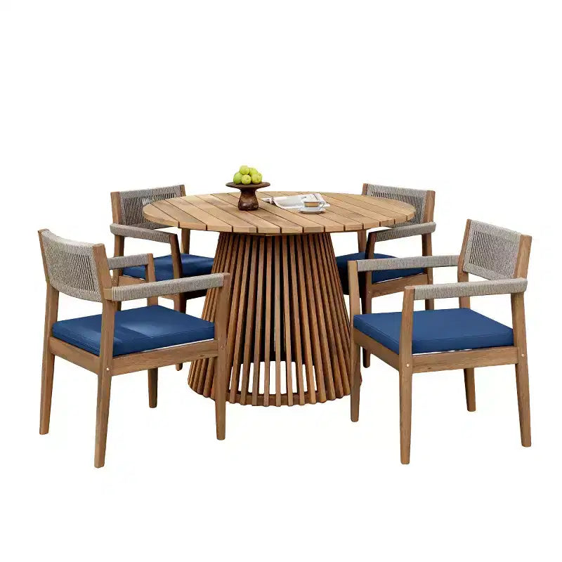 Round Pedestal Outdoor Dining Set, 5-Piece Acacia Wood Table with Slatted Top and 4 Woven Back Chairs with Cushions for Patio-Panipeachy