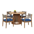 Round Pedestal Outdoor Dining Set, 5-Piece Acacia Wood Table with Slatted Top and 4 Woven Back Chairs with Cushions for Patio-Panipeachy