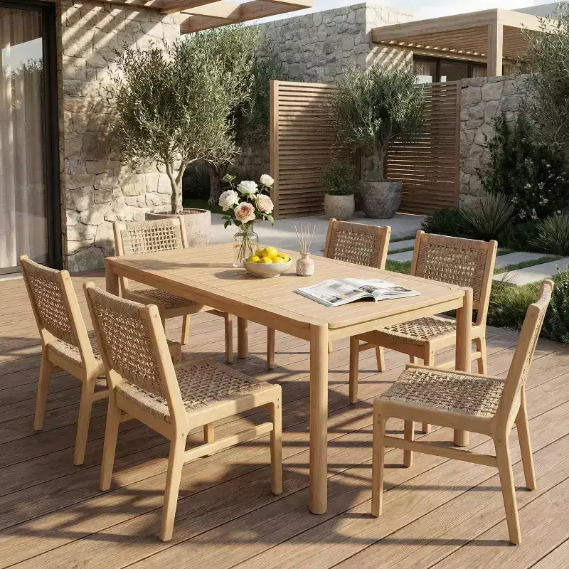 Christopher Knight Home Oksana Farmhouse 7 Piece Patio Acacia Dining Set with Rectangular Slatted Table and Wicker Design