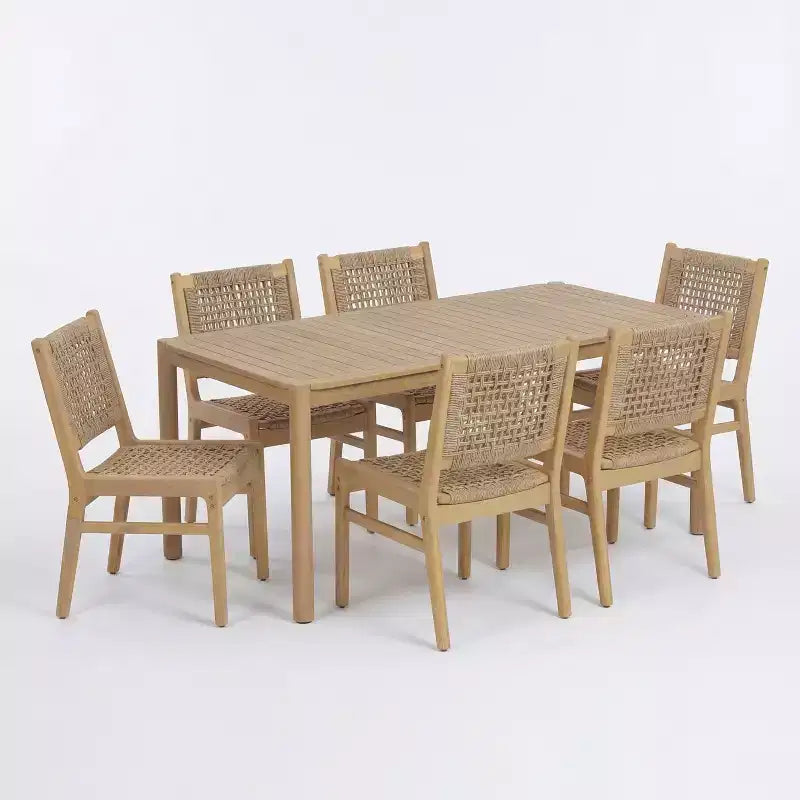 Christopher Knight Home Oksana Farmhouse 7 Piece Patio Acacia Dining Set with Rectangular Slatted Table and Wicker Design