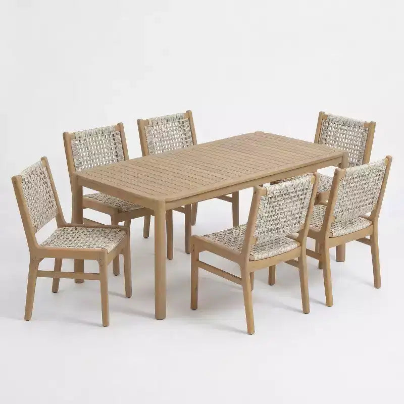 Christopher Knight Home Oksana Farmhouse 7 Piece Patio Acacia Dining Set with Rectangular Slatted Table and Wicker Design