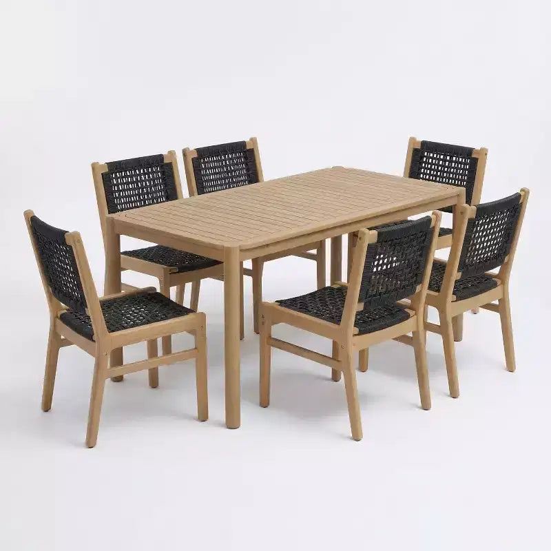 Christopher Knight Home Oksana Farmhouse 7 Piece Patio Acacia Dining Set with Rectangular Slatted Table and Wicker Design