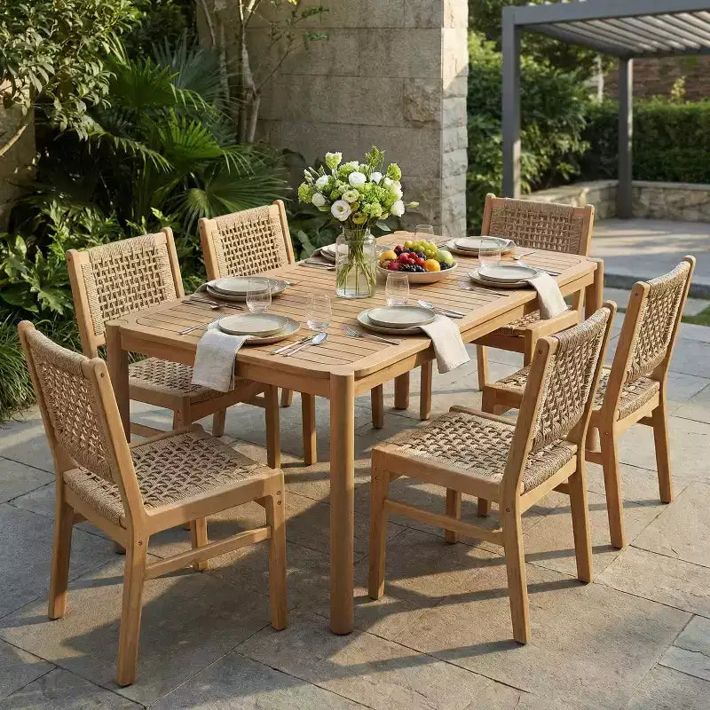 Christopher Knight Home Oksana 7-teiliges Farmhouse-Esszimmerset aus Akazienholz für die Terrasse mit rechteckigem Tisch mit Lattenrost und Flechtdesign
