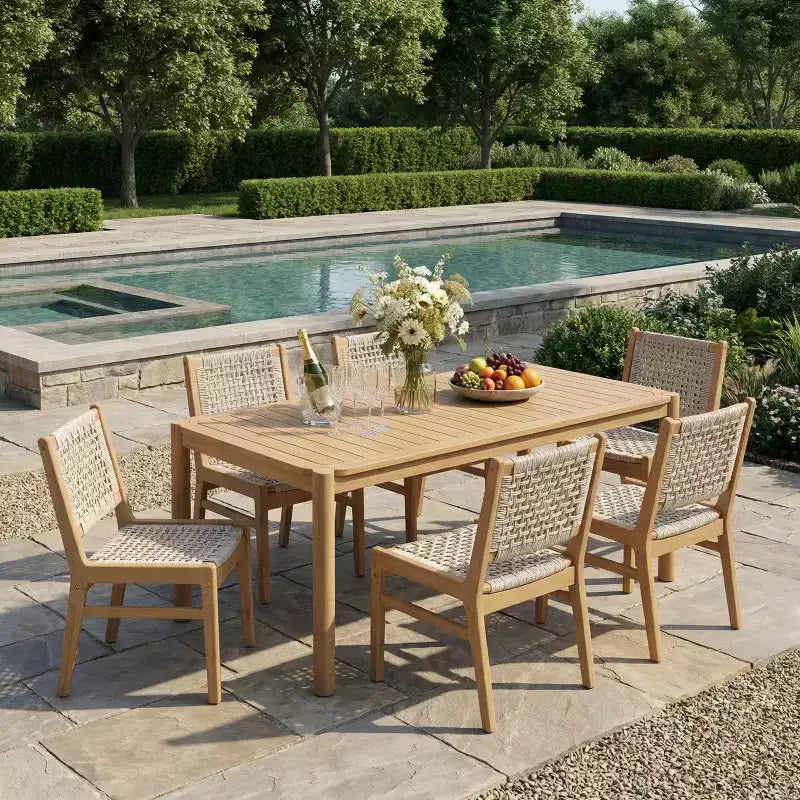 Christopher Knight Home Oksana 7-teiliges Farmhouse-Esszimmerset aus Akazienholz für die Terrasse mit rechteckigem Tisch mit Lattenrost und Flechtdesign