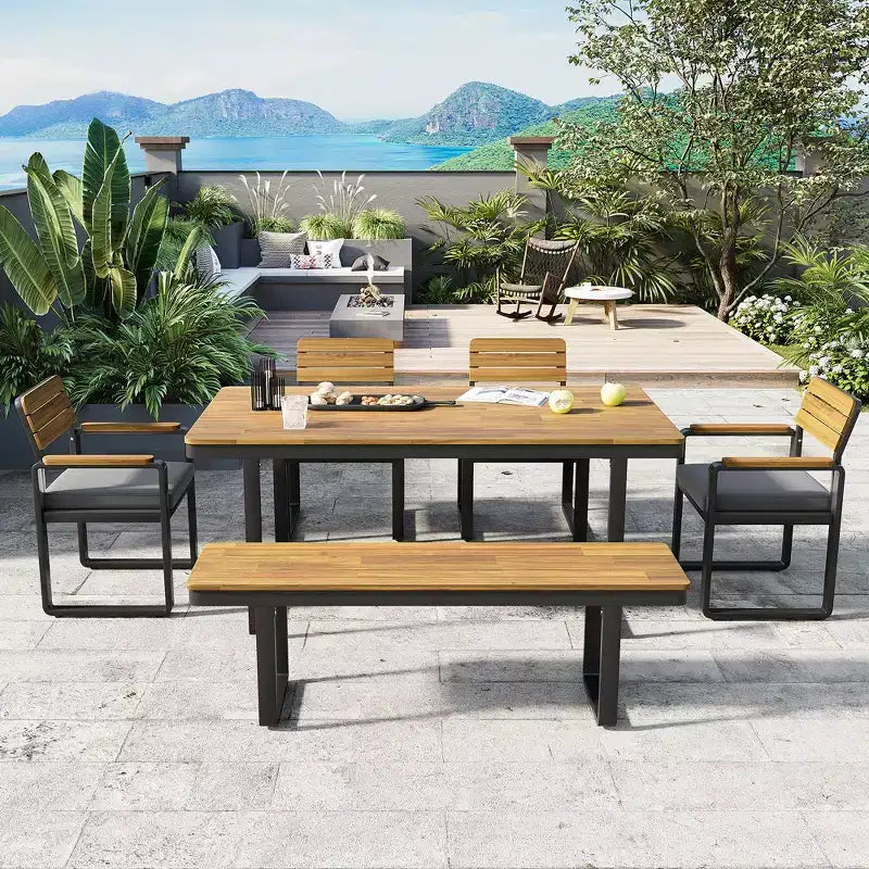 ModernLuxe 6pcs Outdoor Dining Set for 6-7, Patio Furniture Set Garden Dining Table&Chair Set with Cushions & Weather-Resistant Frame