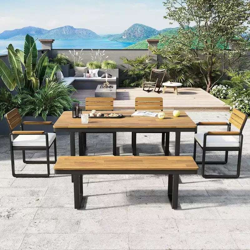 ModernLuxe 6pcs Outdoor Dining Set for 6-7, Patio Furniture Set Garden Dining Table&Chair Set with Cushions & Weather-Resistant Frame