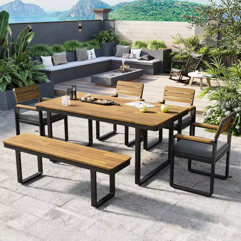 Set da pranzo da esterno ModernLuxe da 6 pezzi per 6-7 persone, set di mobili da patio con tavolo e sedie da pranzo da giardino, cuscini e struttura resistente agli agenti atmosferici