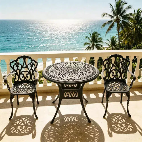 3-teiliges Esszimmer-Set für die Terrasse aus Aluminiumguss, schwarzer rostbeständiger Rahmen mit wasserbeständigen Polstern