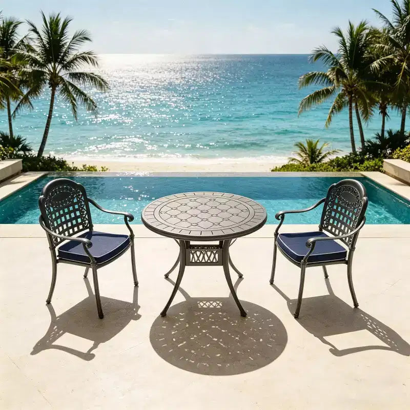 3-Piece Cast Aluminum Patio Dining Set, Black Rust Resistant Frame with Water Resistant Cushions