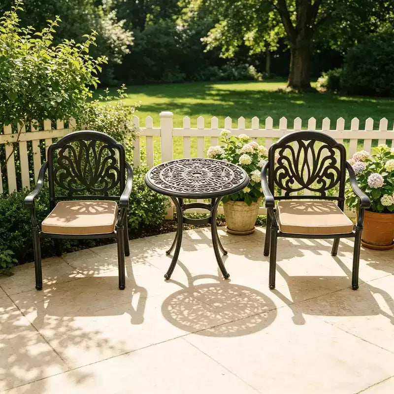 3-Piece Cast Aluminum Patio Dining Set, Black Rust Resistant Frame with Water Resistant Cushions