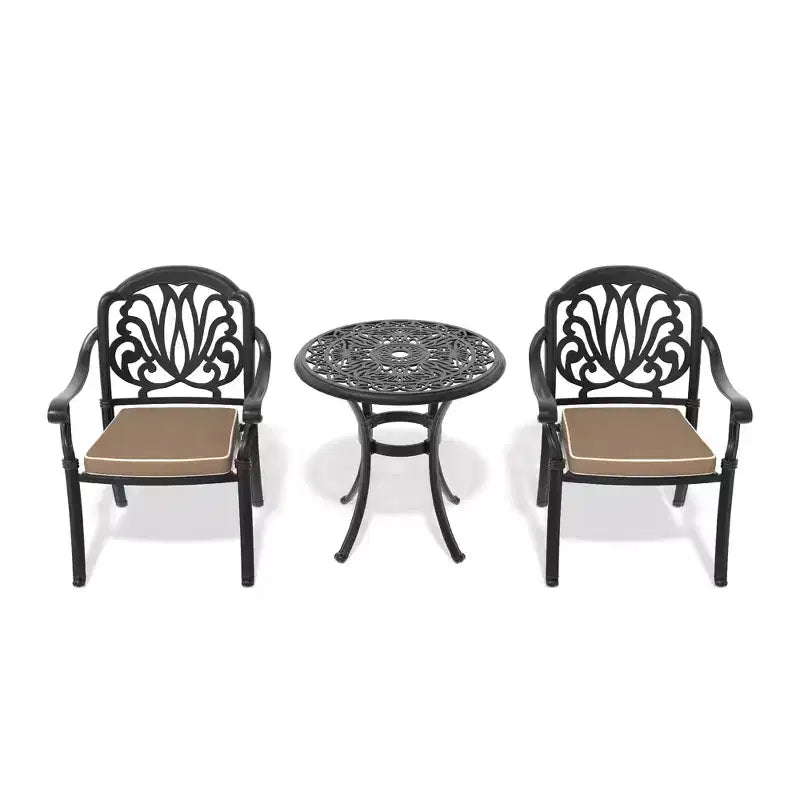 3-Piece Cast Aluminum Patio Dining Set, Black Rust Resistant Frame with Water Resistant Cushions