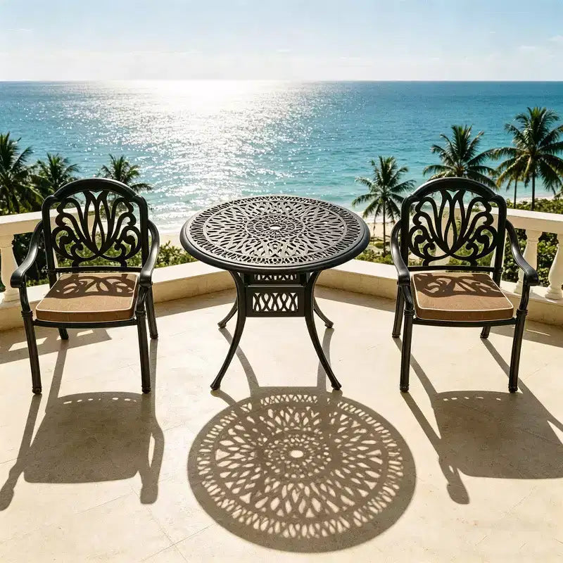 3-Piece Cast Aluminum Patio Dining Set, Black Rust Resistant Frame with Water Resistant Cushions