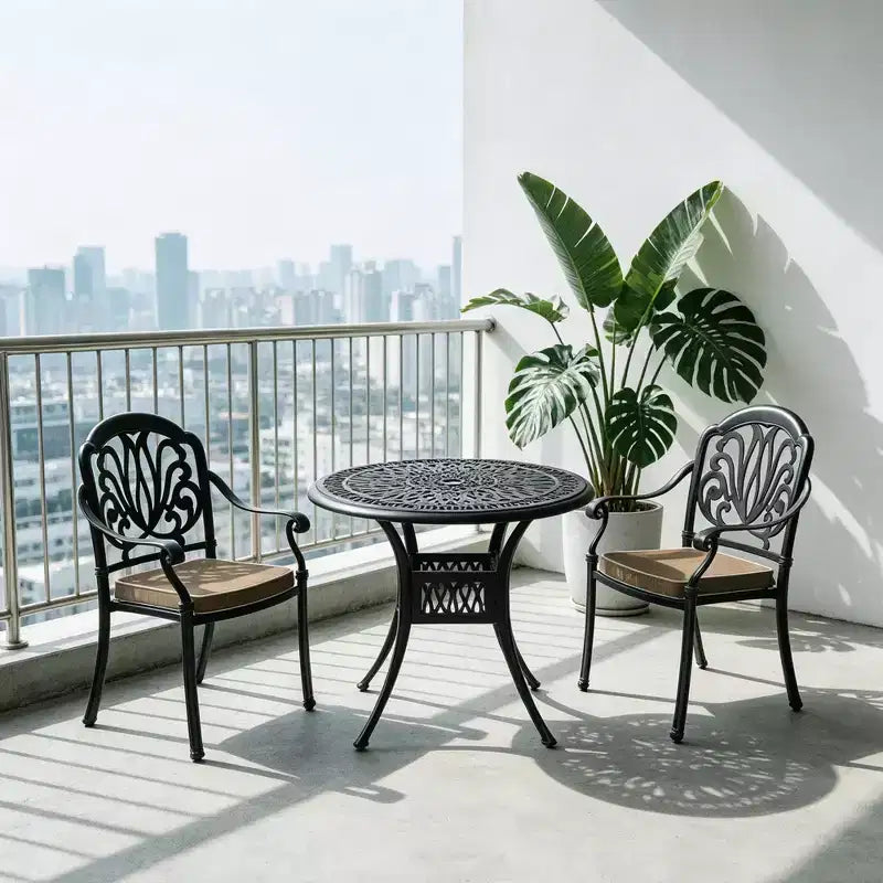 3-Piece Cast Aluminum Patio Dining Set, Black Rust Resistant Frame with Water Resistant Cushions