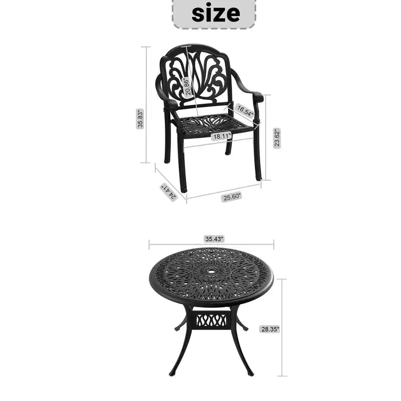 3-Piece Cast Aluminum Patio Dining Set, Black Rust Resistant Frame with Water Resistant Cushions