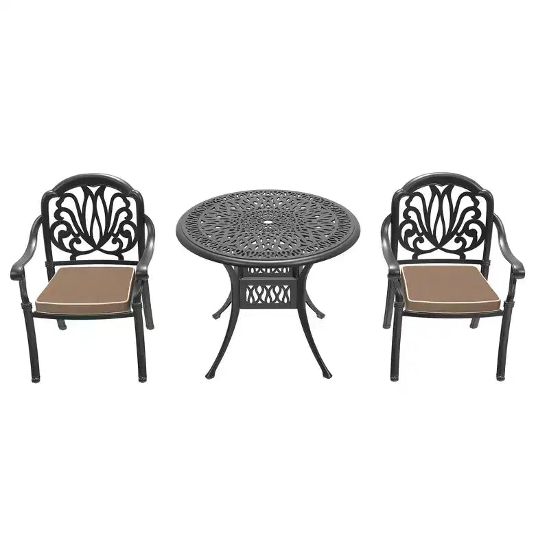 3-Piece Cast Aluminum Patio Dining Set, Black Rust Resistant Frame with Water Resistant Cushions