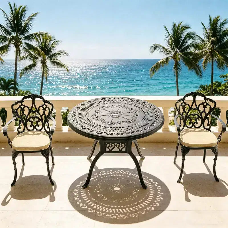 3-teiliges Esszimmer-Set für die Terrasse aus Aluminiumguss, schwarzer rostbeständiger Rahmen mit wasserbeständigen Polstern