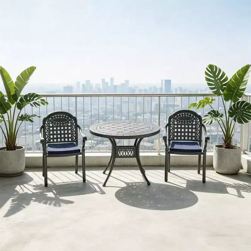 3-teiliges Esszimmer-Set für die Terrasse aus Aluminiumguss, schwarzer rostbeständiger Rahmen mit wasserbeständigen Polstern