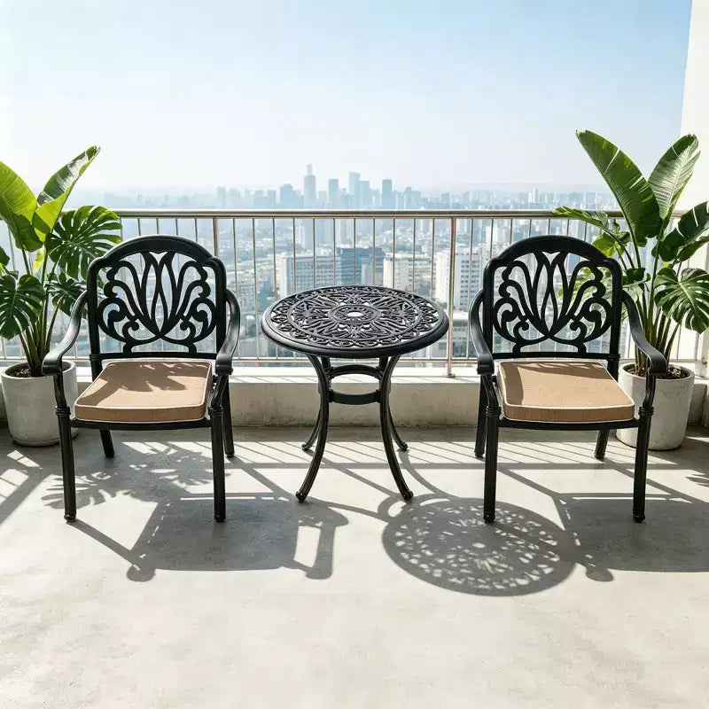 3-teiliges Esszimmer-Set für die Terrasse aus Aluminiumguss, schwarzer rostbeständiger Rahmen mit wasserbeständigen Polstern