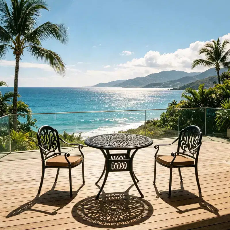 3-teiliges Esszimmer-Set für die Terrasse aus Aluminiumguss, schwarzer rostbeständiger Rahmen mit wasserbeständigen Polstern