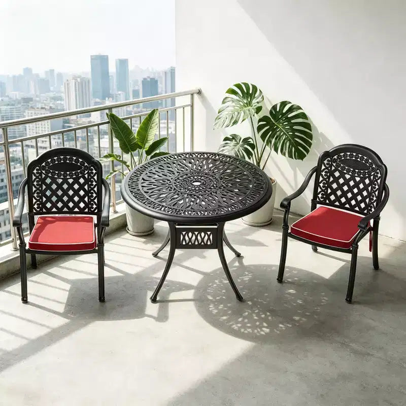 3-teiliges Esszimmer-Set für die Terrasse aus Aluminiumguss, schwarzer rostbeständiger Rahmen mit wasserbeständigen Polstern