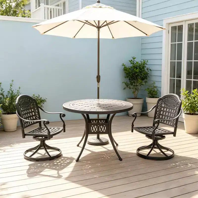 3 Piece Cast Aluminum Patio Dining Set, 1 Round Table + 2 Swivel Chairs, Black Rust Resistant Frame with Blue Water Resistant Cushions