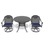3 Piece Cast Aluminum Patio Dining Set, 1 Round Table + 2 Swivel Chairs, Black Rust Resistant Frame with Blue Water Resistant Cushions