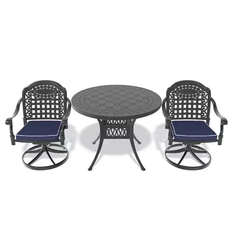 3 Piece Cast Aluminum Patio Dining Set, 1 Round Table + 2 Swivel Chairs, Black Rust Resistant Frame with Blue Water Resistant Cushions