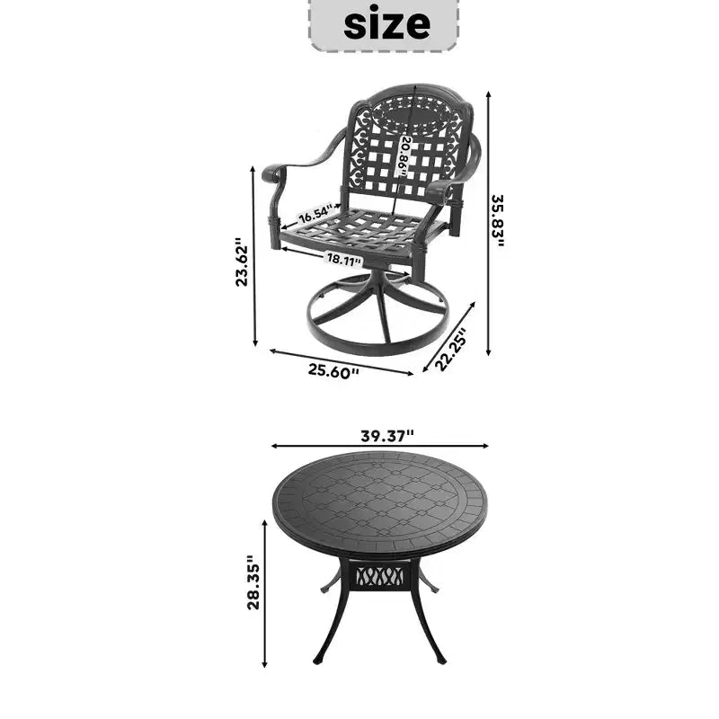 3 Piece Cast Aluminum Patio Dining Set, 1 Round Table + 2 Swivel Chairs, Black Rust Resistant Frame with Blue Water Resistant Cushions
