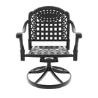 3 Piece Cast Aluminum Patio Dining Set, 1 Round Table + 2 Swivel Chairs, Black Rust Resistant Frame with Blue Water Resistant Cushions