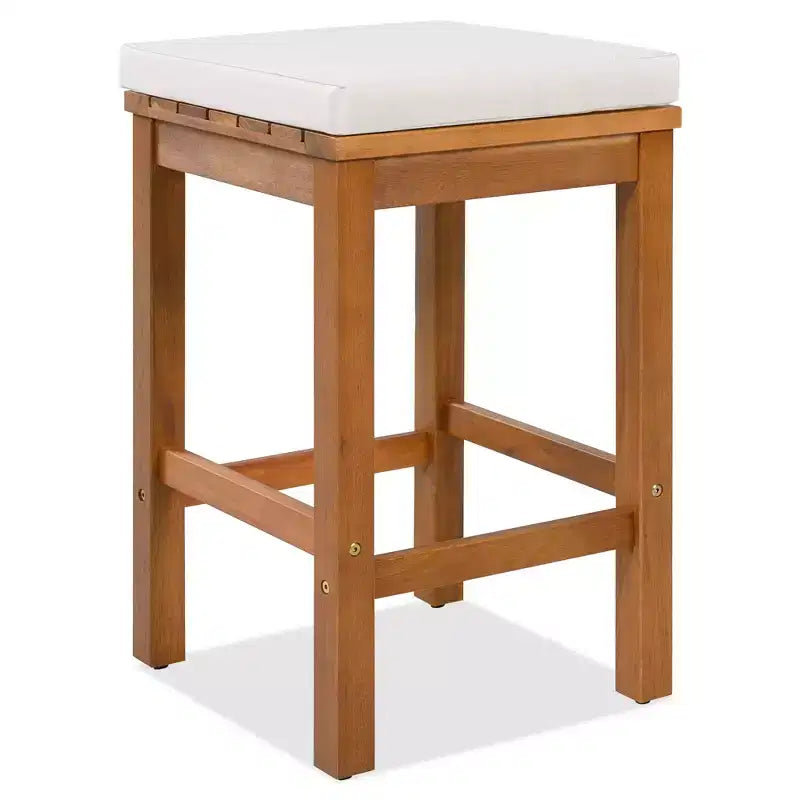 ModernLuxe 5-Piece Outdoor Acacia Wood Patio Bar Set, Bar Height Table with 4 Stools & Beige Cushions for Backyard/Poolside, Natural