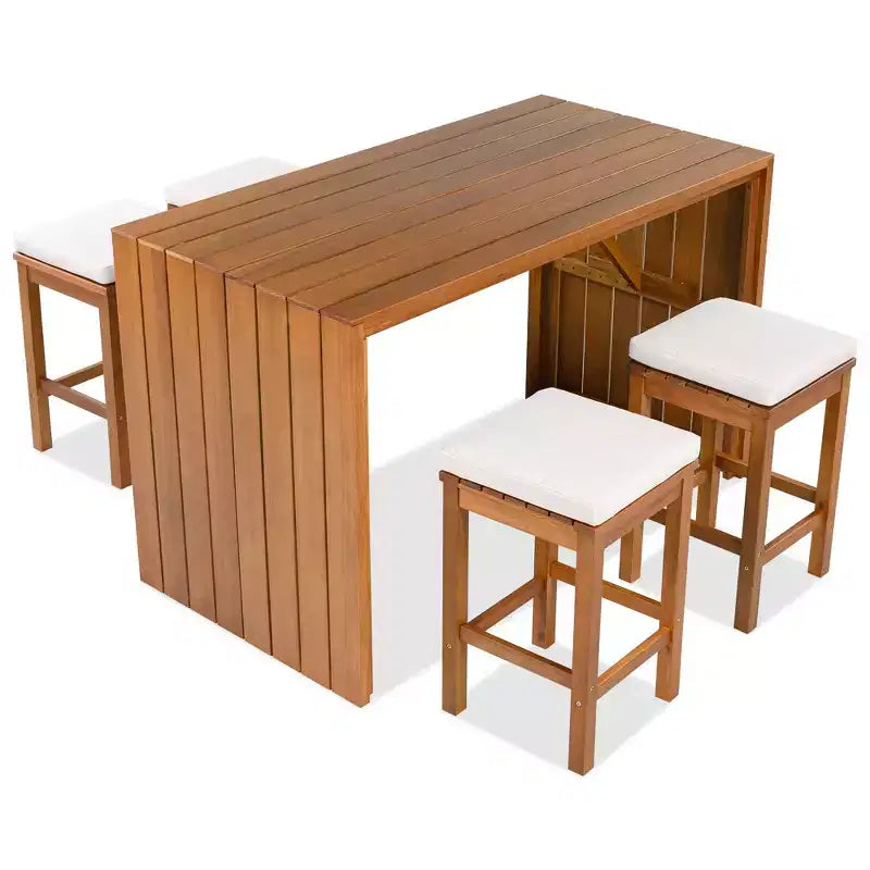 ModernLuxe 5-Piece Outdoor Acacia Wood Patio Bar Set, Bar Height Table with 4 Stools & Beige Cushions for Backyard/Poolside, Natural