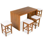 ModernLuxe 5-Piece Outdoor Acacia Wood Patio Bar Set, Bar Height Table with 4 Stools & Beige Cushions for Backyard/Poolside, Natural