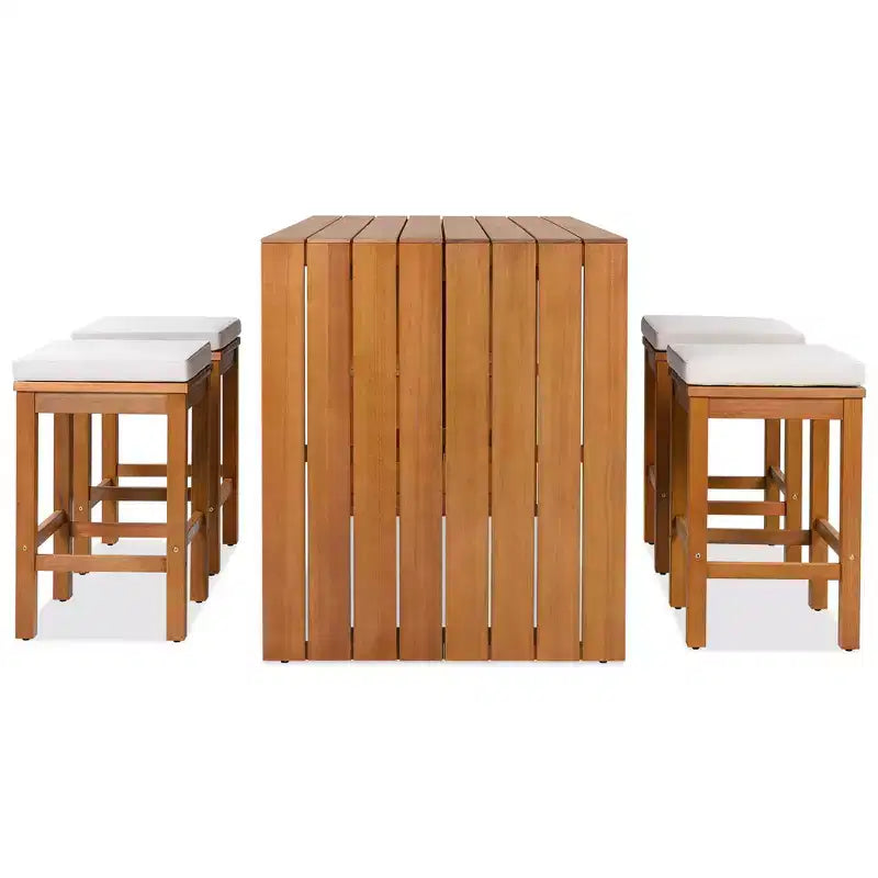 ModernLuxe 5-Piece Outdoor Acacia Wood Patio Bar Set, Bar Height Table with 4 Stools & Beige Cushions for Backyard/Poolside, Natural