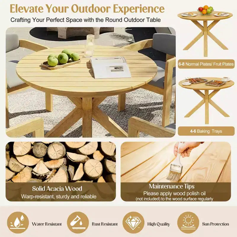 ModernLuxe 5pcs Outdoor Acacia Wood Round Dining Table Set, 47 Patio Table with 4 Cushioned Barrel Chairs for Garden/Patio/Backyard